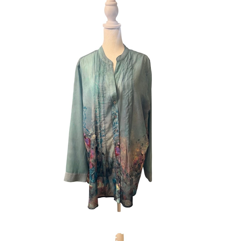 Soft Surroundings Teal Watercolor Floral Pintuck Button Front Tunic Top XL